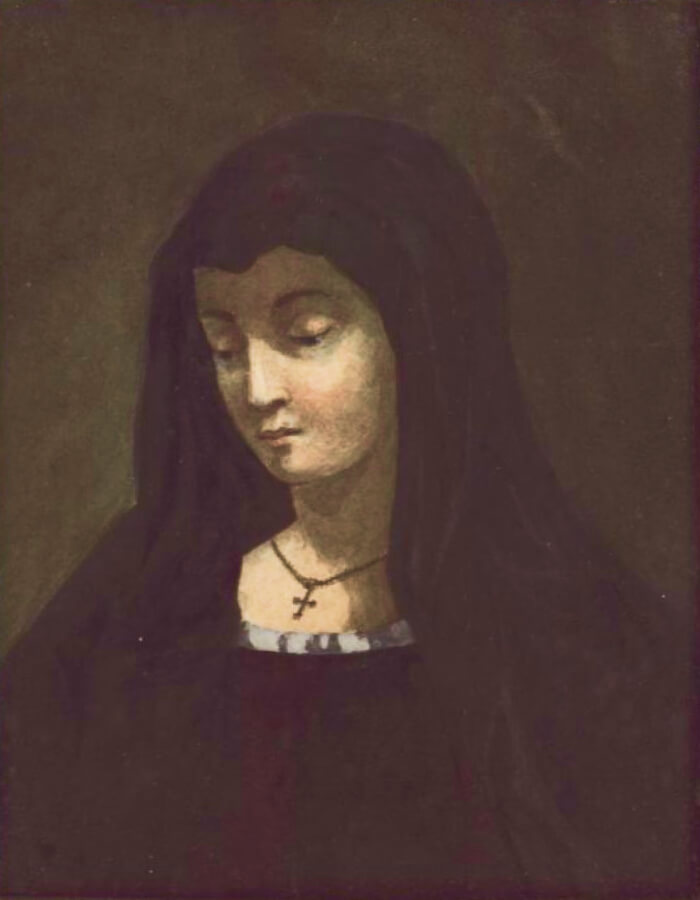 Эмилия — героиня драмы «Испанцы». Портрет В. А. Лопухиной в костюме монахини. Худ. — М. Ю. Лермонтов. 1830-1831