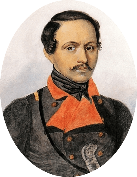 Русский писатель и поэт М. Ю. Лермонтов в сюртуке офицера Тенгинского пехотного полка. Худ. — К. А. Горбунов. 1841