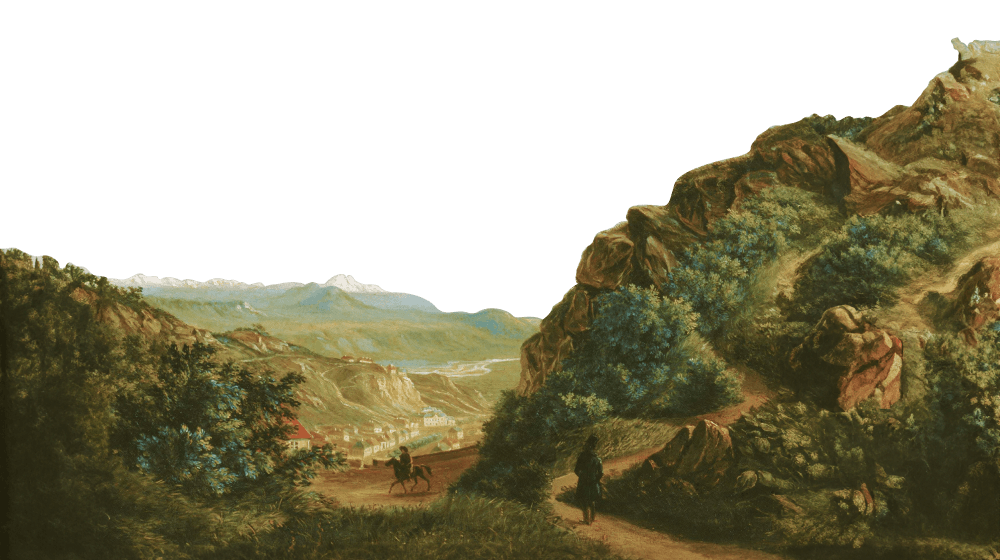 Вид Пятигорска. Вид на город со стороны подъема к гроту. Худ. — М. Ю. Лермонтов