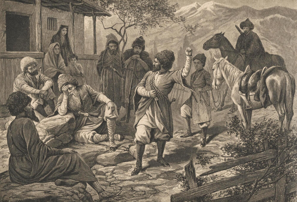 Иллюстрация Милевского к поэме М. Ю. Лермонтова «Хаджи-Абрек» (сцена клятвы). Нач.20 в. 